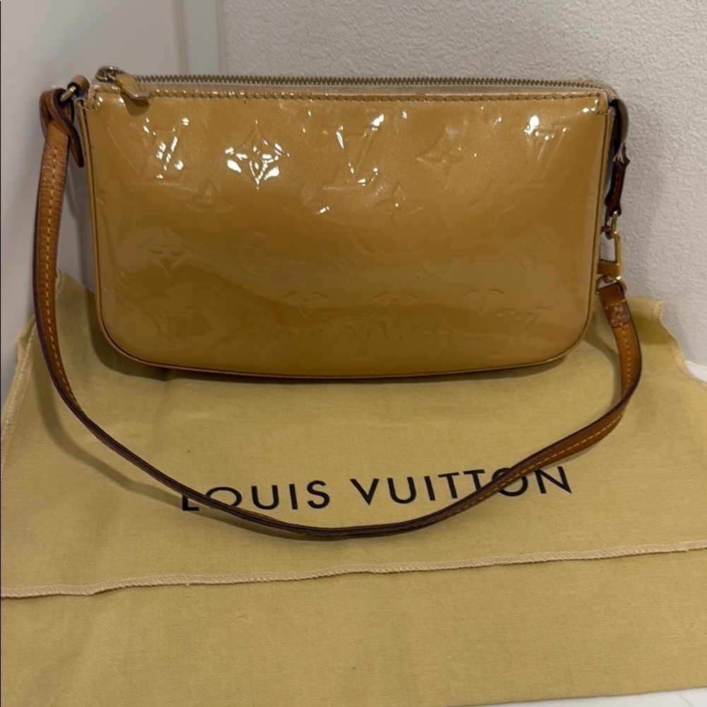 Louis Vuitton Patent Monogram Mini Bag in Mustard Yellow with Brown Strap